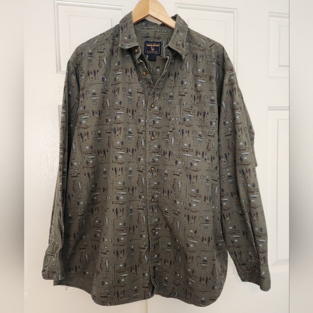 Woolrich Olive Fly Fishing Collar Longsleeve Button Down Men's Shirt Size XXL